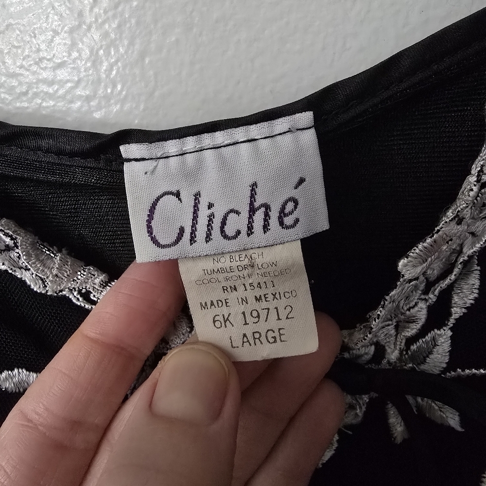 Cliche Vtg Womens Black Embroidered White Sheer Nightie Dress Sz L Sweetheart - Picture 6 of 9